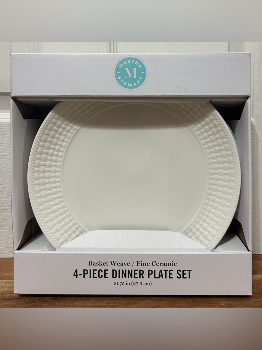 Martha Stewart 4-Pc.Dinner Plate Set White Basket Weave / Fine Ceramic 10.75”NEW
